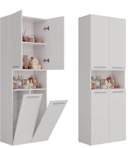 WHATSIZE ENTERPRISE – Nel – Wooden Storage Cupboard with Washing Basket - Organise Cosmetics and Toiletries - Furniture to Complement Modern Décor - White (Nel)