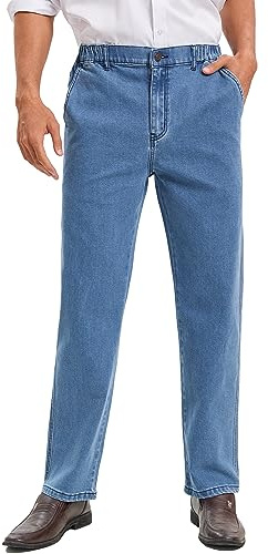 voeeron Mens Elastic Waist Jeans Relaxed Fit Men's Jeans with Elastic Waist with Zipper and Button, Light Washed, 40W x 28L