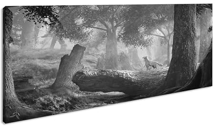 Fantasía bosque panorámico 120 x 60 cm, efecto: blanco y negro como lienzo, diseño enmarcado sobre marco de madera auténtica, impresión digital de alta calidad con marco