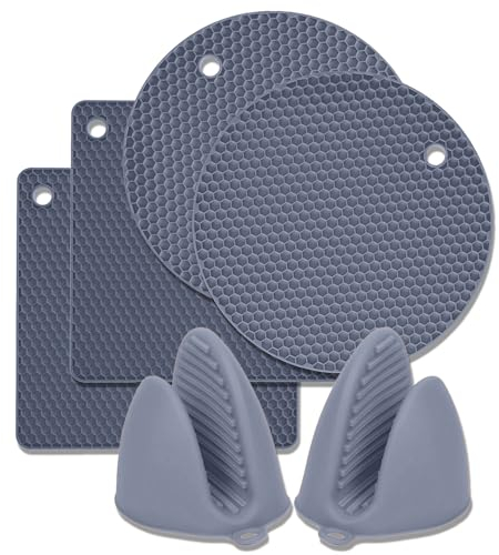 Pantelej Silikon Topfuntersetzer und Topfhandschuhe – 6 teiliges Set: 2 runde und 2 quadratische Untersetzer Plus 2 Mini Handschuhe, hitzebeständig, rutschfest, flexibel und langlebig aus Silikon