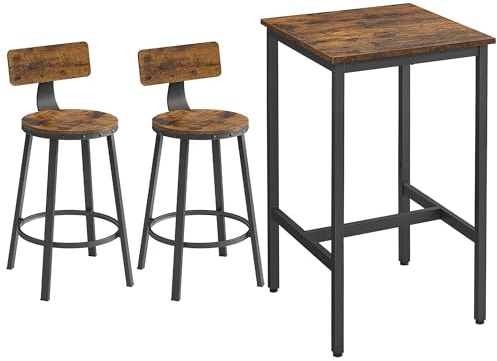 VASAGLE Ensemble Table Haute avec 2 Tabourets de Bar, Table de Bar Carrée, Table de Cuisine, Chaises de Bar, Chaise de Cuisine, Cadre en Métal, Montage Facile, Marron Rustique et Noir LBT031B01