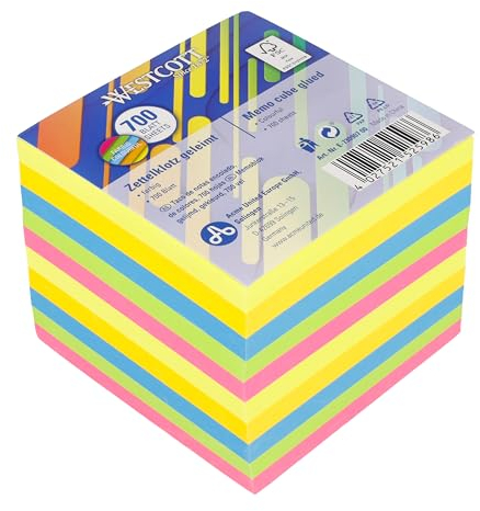 Westcott Notizzettel bunt 700 Blatt | Zettelblock geleimt mit 9 x 9 cm großen Blättern in 5 Farben | FSC-zertifiziertes Papier 80g/m² | E-1730907 00