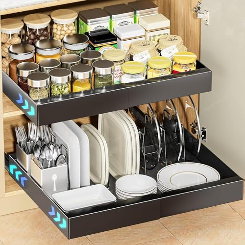 OVICAR Pull Out Cabinet Organiser： Extendable Slide Out Drawer Adhesive Heavy Duty Storage Shelf for Kitchen Cupboard Bathroom with 4pcs Divider Racks, Sliding Drawer Organizer, 31-52.5cm W, Black