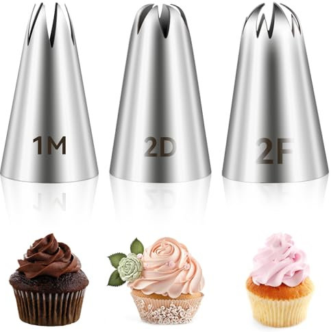 Giantree Edelstahl Spritztüllen Set, 3 Stück 1M 2D 2F Kuchen-Tüllen Dekorieren Düsen Backzubehör Sahnespender für Spritzsack Sahne Torten Kuchen Muffins