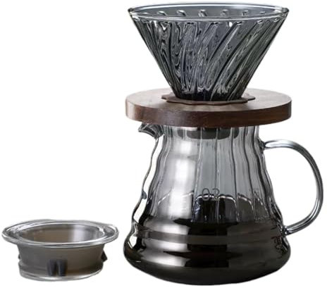 ZDDOUS Verter sobre la cafetera, jarra de vidrio de borosilicato de 20 oz con Filtro de papel de tamaño de 100 piezas, tapa de vidrio con mango de nogal, 600 ml, transparente
