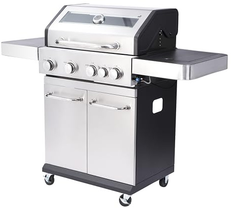 BBQ Kingdom™ 4+1 Burner Gas BBQ Grill, Stainless Steel with Glass Lid, Garden Barbecue, Side Burner, Warming Rack, Side Table, Storage Cabinet, Wheeled, Removable Grease Tray, Cover, Regulator & Hose