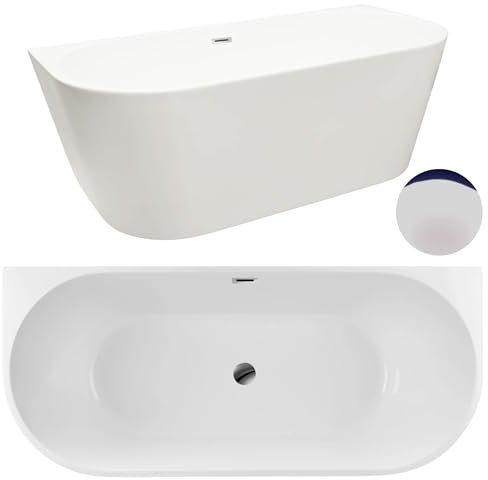 Aquauno - Baignoire autoportante ovale en acrylique sanitaire de qualité supérieure - 170 x 80 cm - Avec bonde clic clac, trop-plein, couvercle et bonde d'écoulement en chrome - Salle de bain moderne