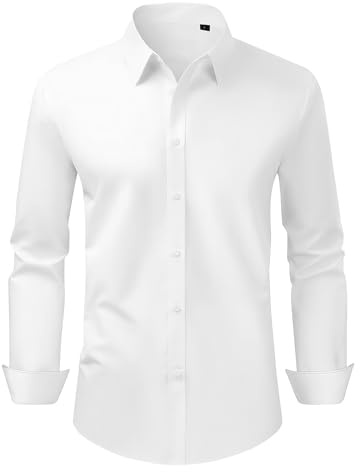 VEVOR Herrskjorta med knappar, skrynkelfri långärmad skjorta med knappar, smal passform i mjukt och stretchigt tyg för fritidskläder eller formella affärskläder, vit