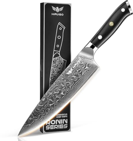 Damascus Chef Knife - Haugo 8 Inch Kitchen Knife with Japanese VG10 Steel Core - Full Tang Handle - Ultra Sharp Professional Cooking Knife - Ronin Series - Gift Box