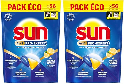Sun - Pro Expert - Pastilles Lave Vaisselle - Action 4 en 1 - Citron - Elimine 100% des taches brûlées de +72h - dégraissent en Profondeur - 56 Capsules (Lot de 2)