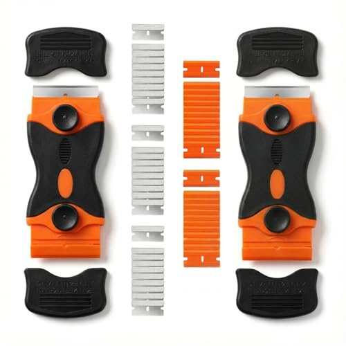 Mister Rui 2-Pack Dual-Head Scraper Tool Set with 30 Metal & 20 Plastic Blades, Screw-On Safe Design for Glass, Cooktop, Tile, Floor & Paint Cleaning, Multi-Surface Scraper Kit