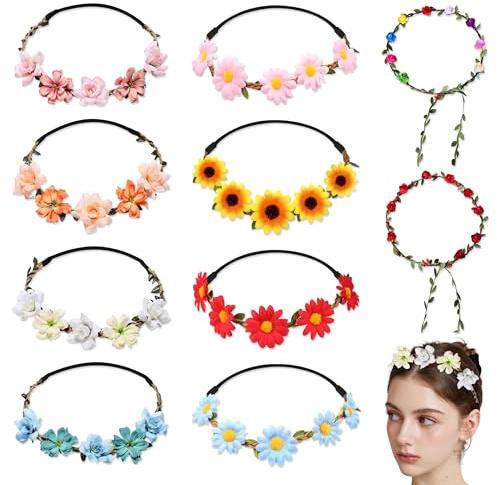 Corona de Flores, 10 Piezas Diadema Corona de Flores, Boho Floral Banda Guirnalda Ajustable Tocado de Floral para Mujer Boda Cumpleaños Festival Playa Fiesta