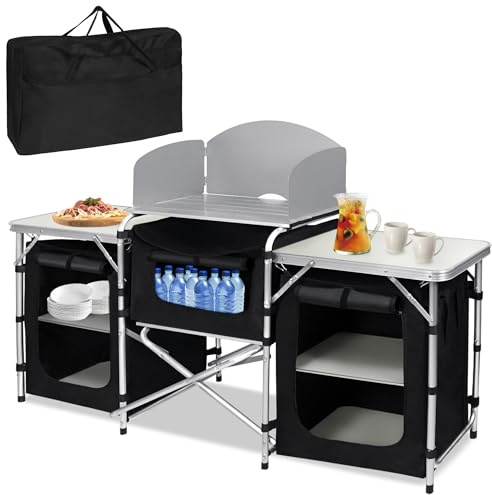 TATIVALO Armoire de camping pliable en aluminium avec plateau de table, espace de rangement et sac de transport, pour camping et pique-nique, 174 x 46 x 110 cm