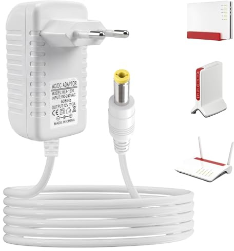 Cagrin 12V 3A Fuente de Alimentación para AVM Fritz!Box 7590 7530 7490 7430 | para AVM Fritz!Box 7390 7360 7330 7320 7270 7170 6690 6490 5590 5530, Adaptador Router DC 5,5×2,5 mm, Cable 1.5 m, Blanco