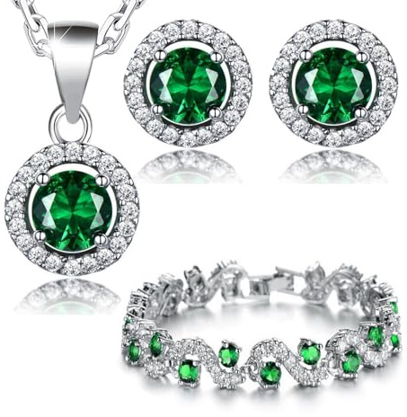 Crystalline Azuria Femme Ensemble Collier Clous Boucles d'Oreilles et Bracelet 18ct Plaqué Or Blanc avec Cristaux Vert imitation Émeraude en Zircone