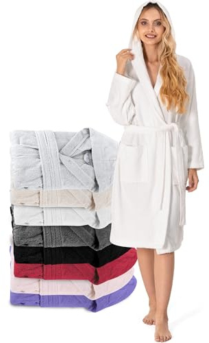 Twinzen Bademantel Damen - 100% Baumwolle (350g/m²) OEKO-TEX® Zertifiziert - Morgenmantel Damen mit Kapuze, 2 Taschen, Gürtel - Weiß - L