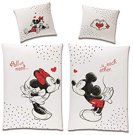 Wende-Bettwäsche Set Disney Classic Mickey und Minnie Mouse in Love 135x200 80x80 cm aus 100% Baumwolle Weiss Rot Partner-Bettwäsche (4-TLG)