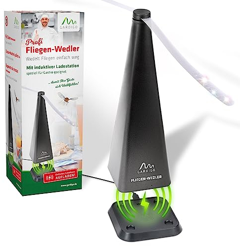 GARDIGO® Profi Fliegenwedler mit induktiver Ladestation I Fliegen Abwehr für Haus, Garten, Gastronomie, Hotel, Catering I Fliegenvertreiber I Insektenschutz Lebensmittel I Restaurant, Biergarten