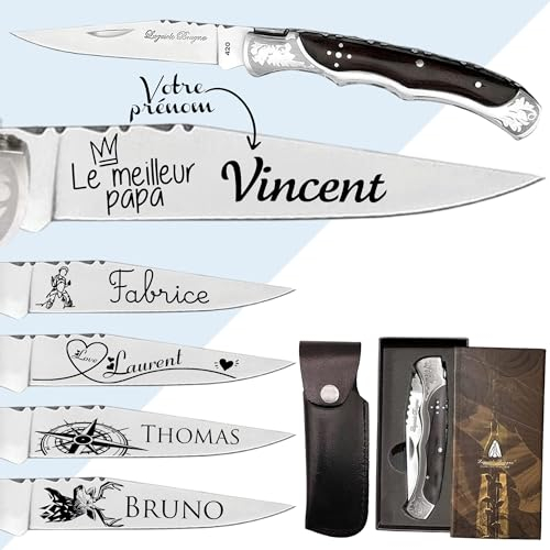 KDO MAGIC - Personalisiertes Messer mit gravur - Klappmesser mit eingraviertem Vornamen - Anpassbare Klinge - Farbe Schwarz - Geschenkidee für Herren, Vatertag, papa, Geburtstag