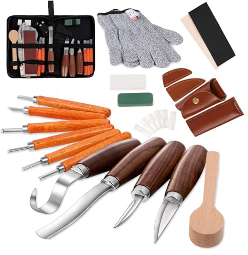 Sttargxing Wood Carving Tools Set,Detail and Hook Carving Knife Kit for Beginners,Trimming Knife for Spoon Bowl Cup Woodwork,Round handle design and 6pcs SK2 Carbon Steel Wood Carving Knives（10pcs）