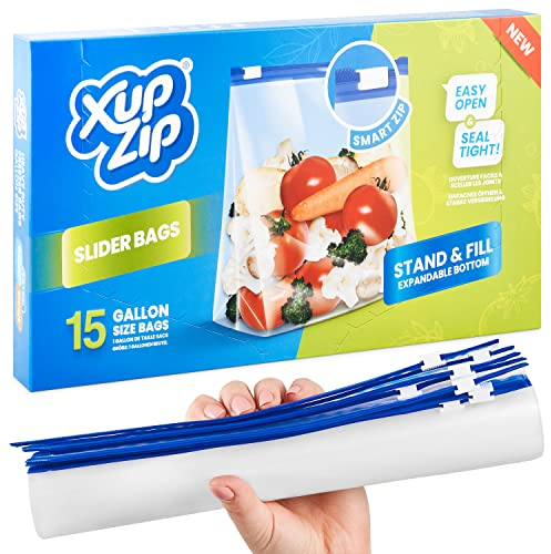 XupZip Sacs de congélation de stockage d’aliments haut de gamme, Fermeture éclair intelligente à glissière, plastique robuste réutilisable, étanche à l’air et étanche, sans BPA, un gallon (4, 55L)