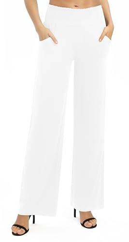 Donna Solido Sciolto Gamba Dritta Palazzo Pantaloni A Vita Alta Elastico Casual Pantaloni con Tasche(S, Bianco)