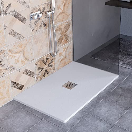 Luminosa ArredoBagno Plato de ducha resina 80 x 80 cm – Modelo Florence – Efecto piedra antideslizante con gel – Fabricado en Italia – desagüe incluido – Color gris claro