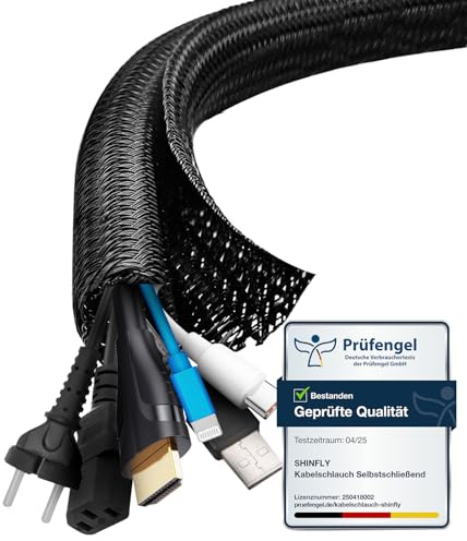 shinfly Gaine Cable Informatique 6m-13mm, Cache Câble Auto-Fermeture, Protection Cable Electrique, Range Cable, Gestion de Câble Rangement Tressée Fendue en Pet, pour TV/PC, Noir