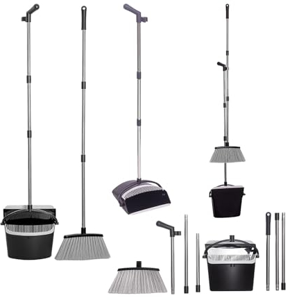 K-ONE Long Handle Broom and Dustpan Set Comb Dustpan for Home Room Kitchen Dustpan with Broom (Grey -Black)