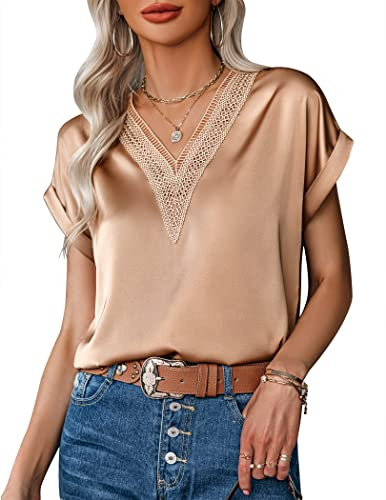 Zeagoo Camiseta Mujer Verano Blusa Cuello V Elegante Camisas Manga Corta Top Satén Color Sólido T-Shirt Túnica XL