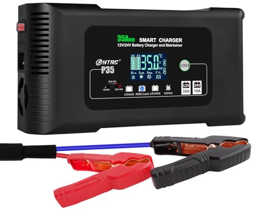 HTRC 35Amp Smart Charger, Car Battery Charger, Trickle Charger, 12V 35A/24V 18A Lithium LiFePO4 Lead-Acid AGM/Gel/SLA.. Battery Desulfator Maintainer for Car Boat Motorcycle Truck Lawn Mower