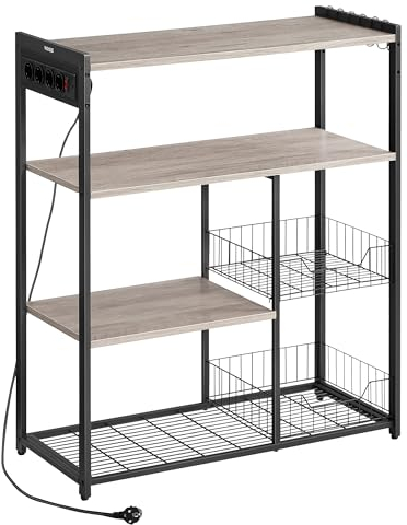 VASAGLE Küchenregal mit Steckdosen, Standregal mit 2 Metallkörben, Bäckerregal mit Haken, Regalablagen, 35 x 80 x 93,5 cm, Industrie-Design, Greige meliert-tintenschwarz KKS196K02