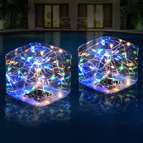DeeprBlu Lampe Solaire Piscine Flottante, LED Cubiques Colorées Lampe Solaire Bassin Briller la Nuit Lumière Déco Piscine Étanche IP68, Lumière Jardin pour Piscines, Étang Décor - 2 Pièces