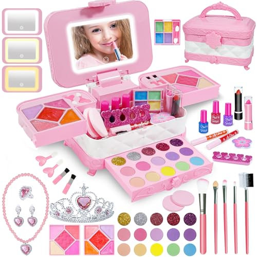 Yasinkidz Kinderschminke Set Mädchen mit LED Kosmetikspiegel, 60Pcs Kinder Schminkkoffer Mädchen Spielzeug, Waschbar Schminkset Kinder Make Up Set Geburtstags Weihnachten Geschenke für Mädchen (Rosa)