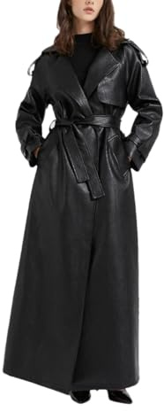 Cappotto da donna, extra lungo, in pelle sintetica marrone, per primavera e autunno, con fiocchi, Nero , M