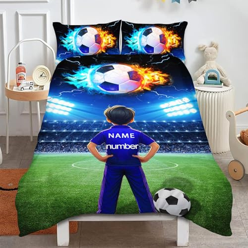 Fadaing Personalised Name Text Bedding Set, Personalised Football Bedding Set with Name, Duvet Cover 135 x 200 cm, with Zipper Closure (1, Single 140 x 210 cm)