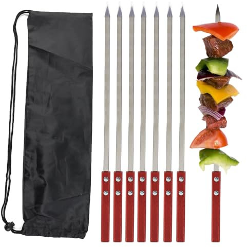 Jadin 8 Stück 42 cm Flache Schaschlikspieße Edelstahl, Adana Spieße, Grillspieße Edelstahl, Kebab mit Holzgriff, Hitzebeständiger, Wiederverwendbare Grillspieße mit Tasche, Grillzubehör, 1cm Breit
