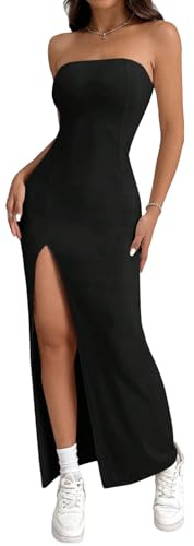 SweatyRocks Abito estivo da donna, lungo, elegante, con fessura, maxi abito a fascia, abito da cocktail, per feste, per il tempo libero, Nero , S