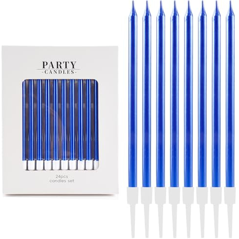 24 Pièces Bougies d'Anniversaire Métalliques Bleu– avec Supports – Bougies Décoratives pour Gâteau – Anniversaire, Mariage, Fête Adulte & Enfant – Décoration de Fête Élégante