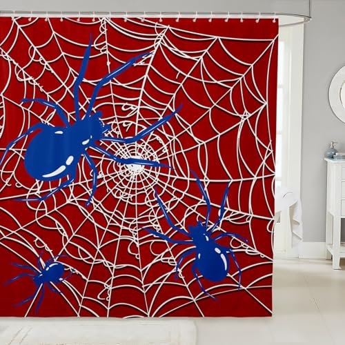 Manfei Tenda da doccia per bambini con ragno blu, tenda da doccia 3D bianca ragnatela per ragazzi adolescenti uomini, animali dei cartoni animati, decorazione per il bagno rossa ad asciugatura rapida