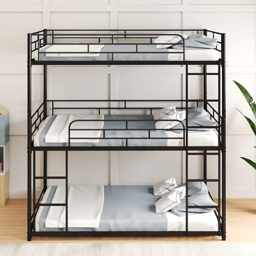 Multigot Metal Triple Bunk Bed, Metal Slatted Double Over Double Loft Bed Frame with Full-length Guardrails and 2 Ladders, Space-Saving Low Triple Sleeper Beds Low Triple Sleeper Beds