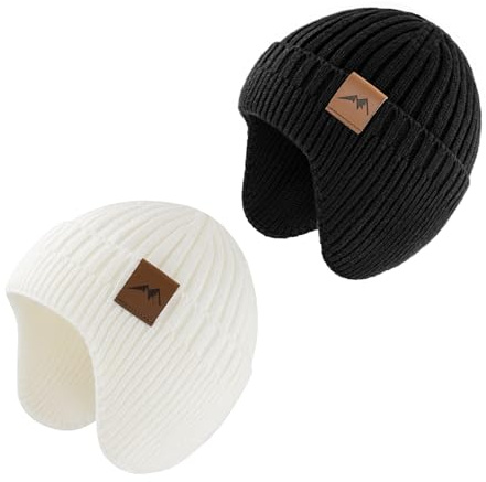 SEYUFN Bonnet Enfant Garcon Hiver Bonnet Bebe Fille Dinosaure Tricot Chapeau Bebe Garcon Large Protection des Oreilles (FR/ES, Âge, 6 Mois, 24 Mois, A-Noir&Blanc)