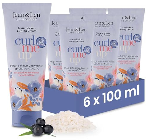 Jean & Len Dromlockar Curling Cream Rismjölk & Acaibär, för lockigt & naturligt vågigt hår, curly girl-vänlig, definierar & ger spänst, lockkräm, utan silikoner, vegansk, 6 x 100 ml