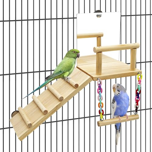 BNOSDM Bird Perch Platform with Mirror, Wooden Climbing Ladder for Parakeet, Small Bird Swing Toys Parrot Cage Accessories Budgie Playground for Cockatiel, Lovebirds, Conures, Finch