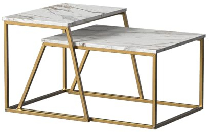 Vicco Couchtisch-Set Myra, Marmor-Weiß/Gold, 60 x 50 cm 2 Teile, zur flexiblen Nutzung als Beistell- oder Ablagetisch