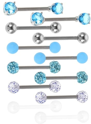HONITANO 12 stycken Barbell tungpiercing rostfritt stål med akryl och blå zirkon raka smycken för kvinnor fester och speciella