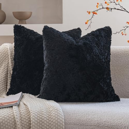 Neelvin pack of 2 Double-Sided Faux Fur Cushion Covers 50x50cm Black Thick Plush Sheepskin Cozy Soft Decorative Throw Pillow Covers 20x20 inch Pillowcase Cushion Case for Sofa Couch