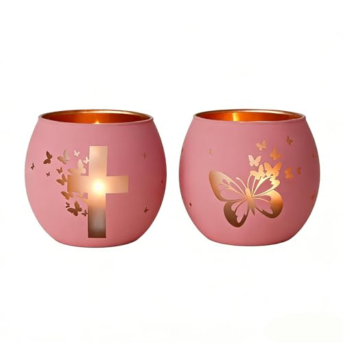 Pink Butterfly Cross Candle Holders Set of 2- Religious Gifts for Women & Girls - Christian Christening, Confirmation & Memorial Keepsake - Pink Easter Table Centrepiece & Spiritual Decor