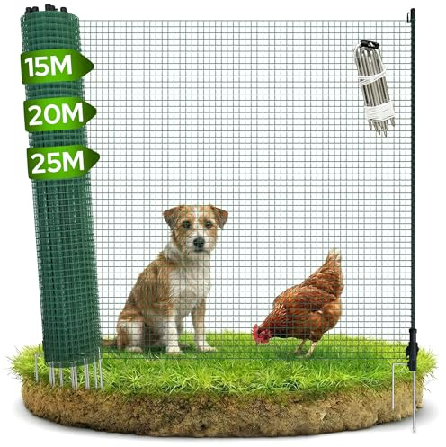 Arebos Mobiler Begrenzungszaun 15 m | Flexibler Gartenzaun 90 cm hoch | Absperrnetz mit 9 Pfosten | für Hunde, Hühner & Kleintiere | Wetterfest & mobil