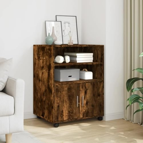 Mokuyary Rolling Cabinet Smoked Oak 60 x 48 x 81 cm Wood Material Rolling Container, Mobile Filing Cabinet with Wheels, Office Container, Side Table for Living Room, Office